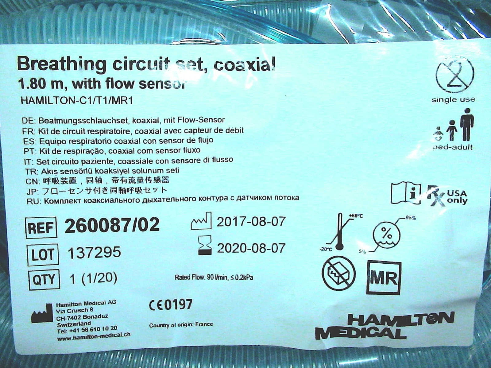Hamilton Breathing Circuit Set COAXIAL,1.8M,With Flow SENSOR ,C1/T1/MR1 PN 260087