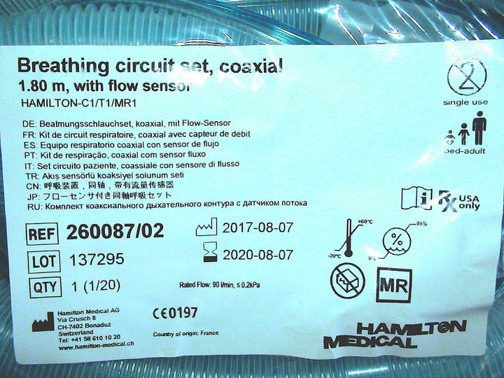 Hamilton Breathing Circuit Set COAXIAL,1.8M,With Flow SENSOR ,C1/T1/MR1 PN 260087