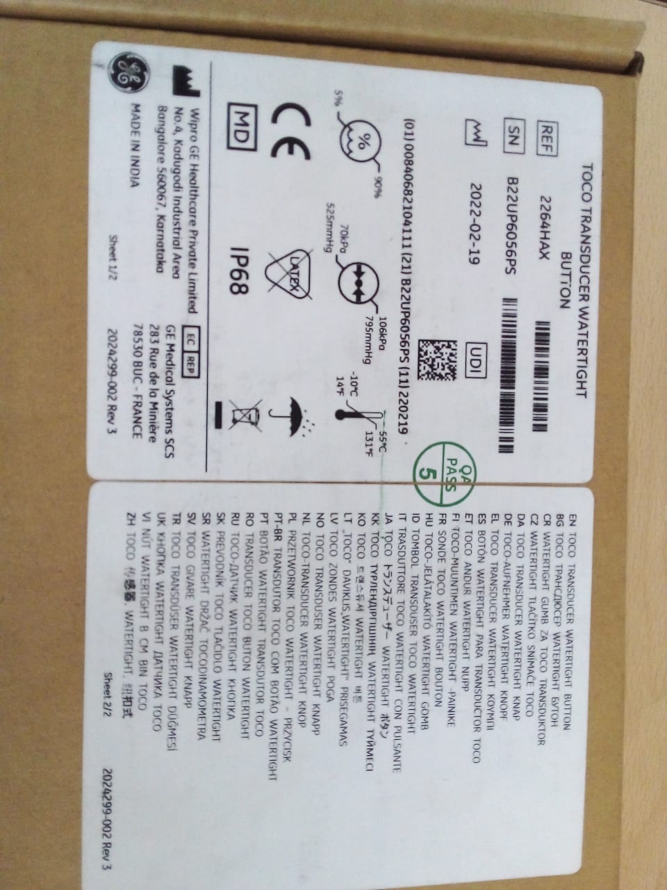 GE 2264HAX  Corometrics  Nautilus Toco Transducer Fetal Probe